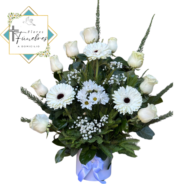 BOX  CONDOLENCIAS DE 9 ROSAS, 3 GERBERAS Y FOLLAJE