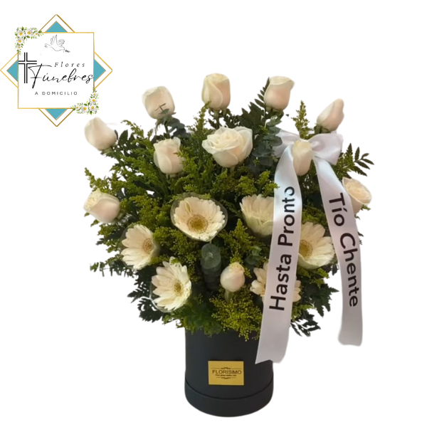 BOX CONDOLENCIAS DE 10 ROSAS IMPORTADA, 6 GERBERAS, FOLLAJE Y CINTA