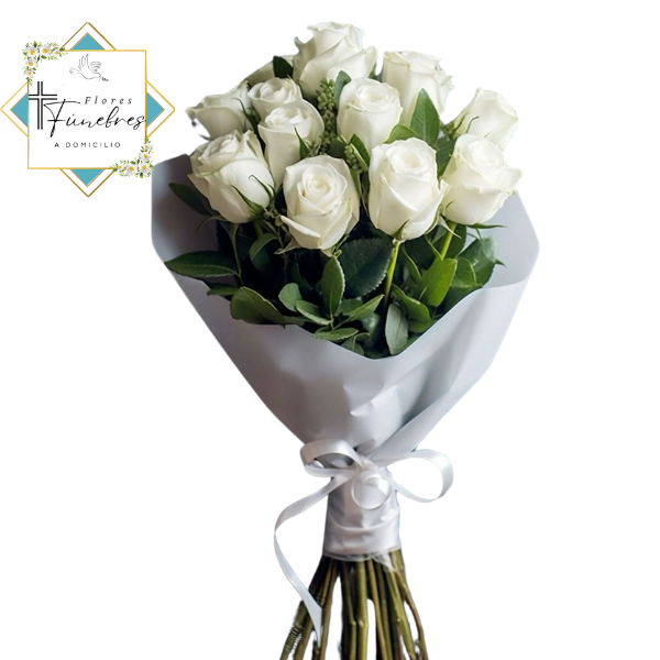RAMO CONDOLENCIAS 12 ROSAS BLANCAS Y ENVOLTURA