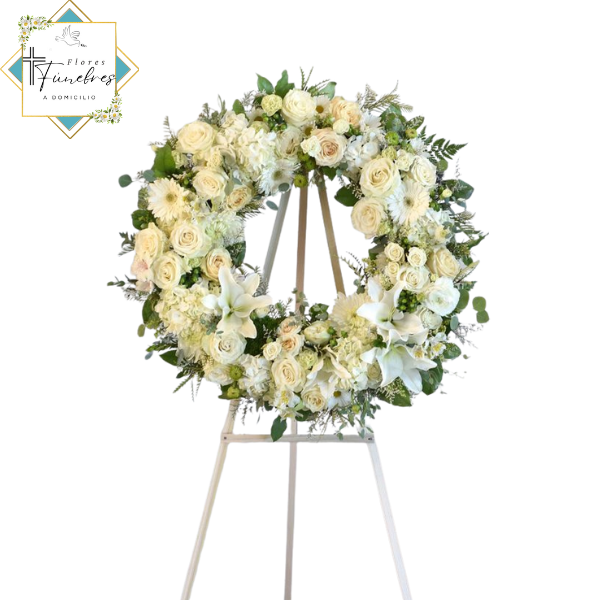 CORONA FLORAL CONDOLENCIAS CON 25 ROSAS, 10 GERBERAS, 10 LILIUM, MARGARITAS, GYPSOPHILA, FOLLAJE Y ATRIL