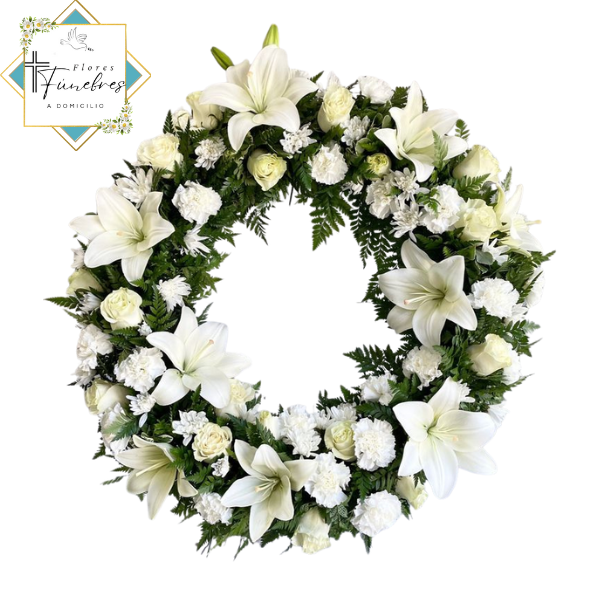 CORONA FUNEBRE DE 15 ROSAS, 10 LILIUM, MARGARIYAS Y FOLLAJE