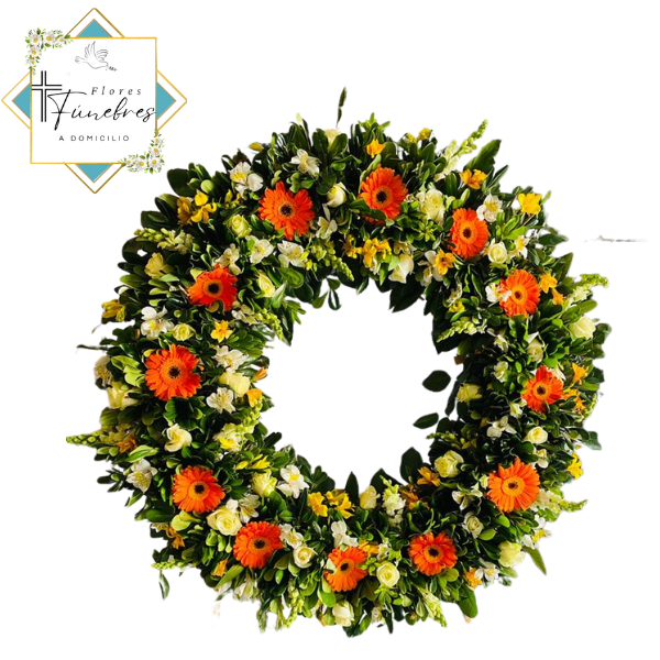 CORONA FLORAL 60CM: 12 GERBERAS, 18 ROSAS, ASTROMELIAS, MARGARITAS Y FOLLAJE