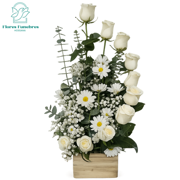 CONDOLENCIA SANTIAGO: 10 ROSAS IMPORTADAS, MARGARITAS Y FOLLAJE