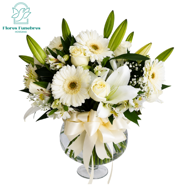 PECERA CONDOLENCIAS: 6 GERBERAS, 4 LILIUM, 5 ROSAS Y FOLLAJE