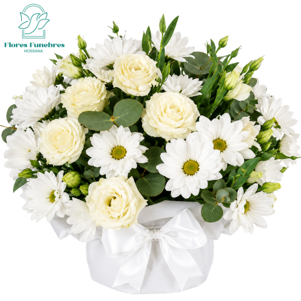 ARREGLO CONDOLENCIAS CON 6 ROSAS, MARGARITAS Y FLORES DE TEMPORADA