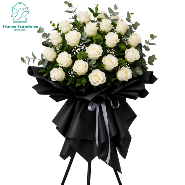 TRIBUTO FUNEBRE CON 25 ROSAS NATURALES, FOLLAJE Y ELGANTE ENVOLTURA